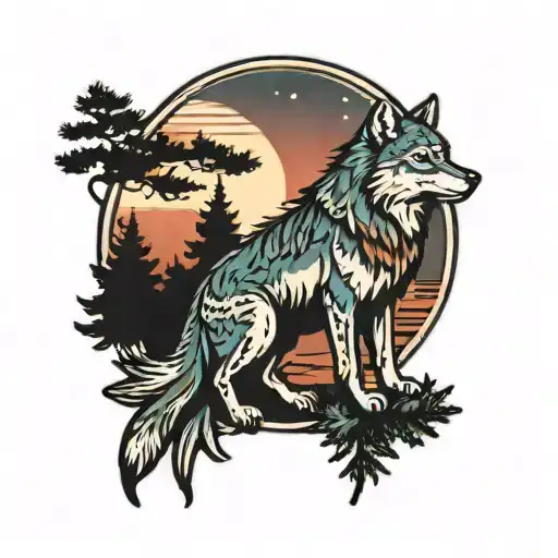 Wolf With Pine Trees Colors Sunset