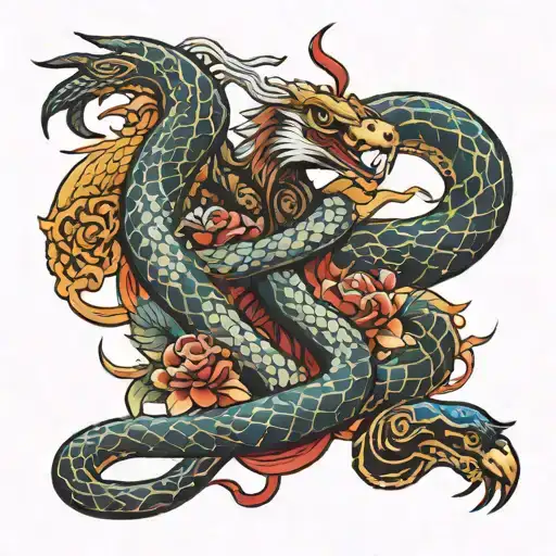 A Snake Pierced By A Samurai Sword And An Eagle Flies Above Them With Its Wings Spread Out
