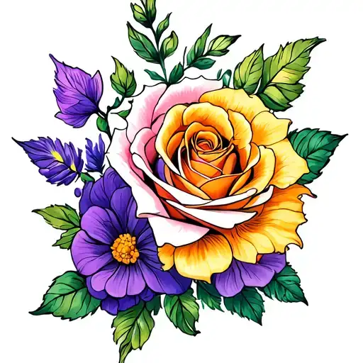 Rose And Marigold And Violet Flower Intertwined