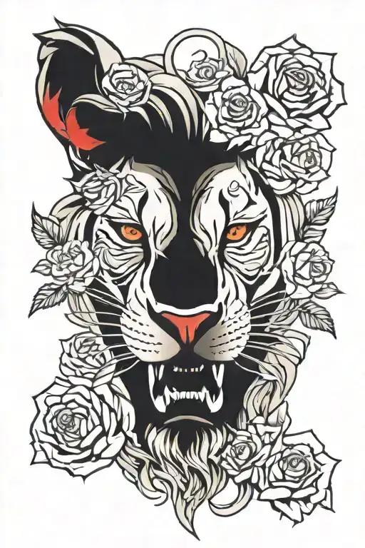 Realalistic Lion Head Mouth Open Red Eyes Surrounded By Roses