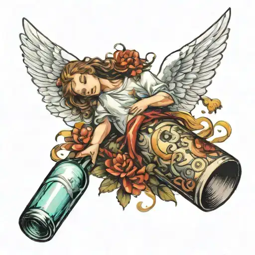An Angel Coming Out Of A Bottle Is Lying Down