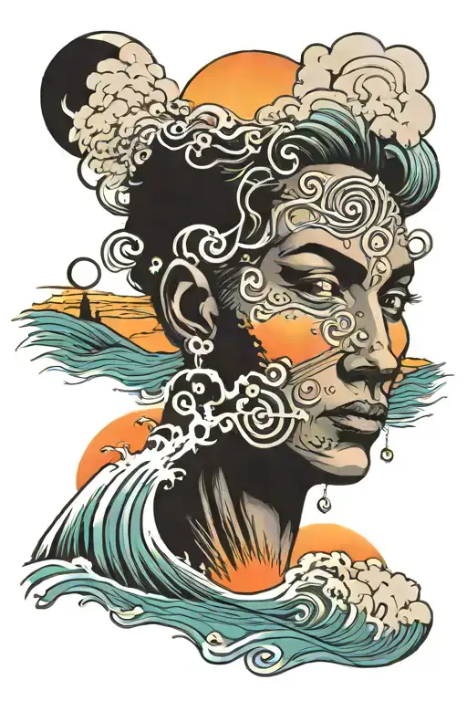 Mystical Sunset With Face And Wave Breaking In Front