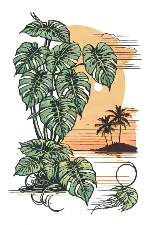 Large Drooping Monstera Leaves Sunset Over Lake