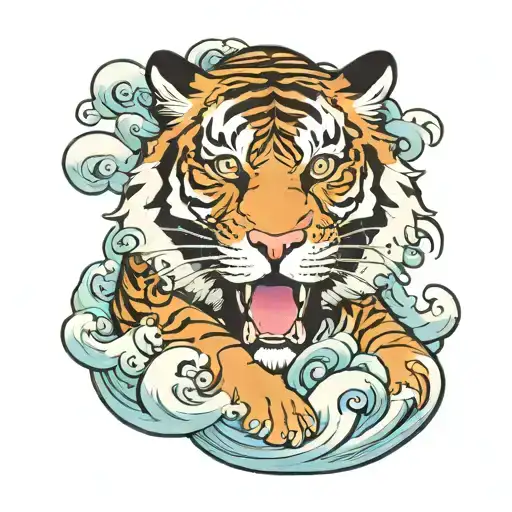 Irezumi Tiger Head Emerging From Waves And Clouds