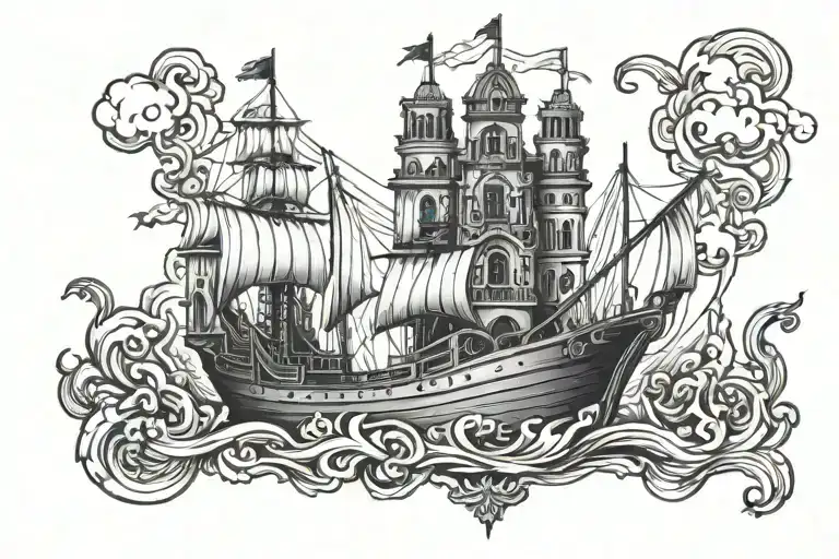 Harp Castle Ship Black And White