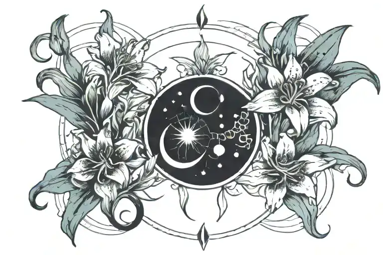 Triple Moon Phases With Tiger Lilies Growing Amidst