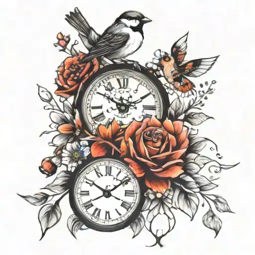 Clock And Sparrow And Flowers