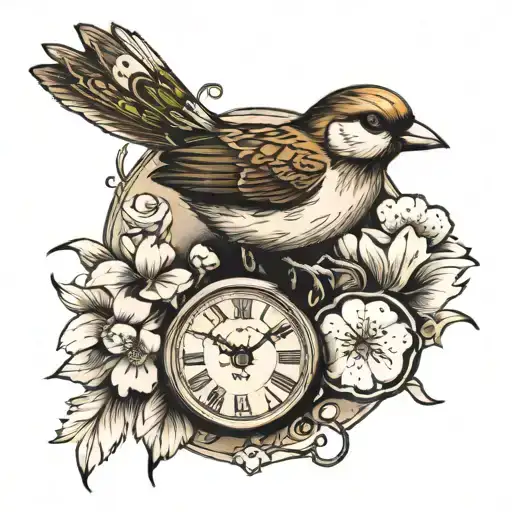 Clock And Sparrow And Dogwood Flower