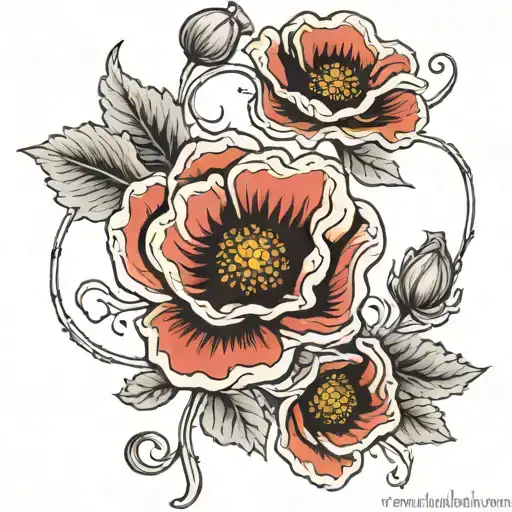 Poppy Flower Four Leaf Intertwined