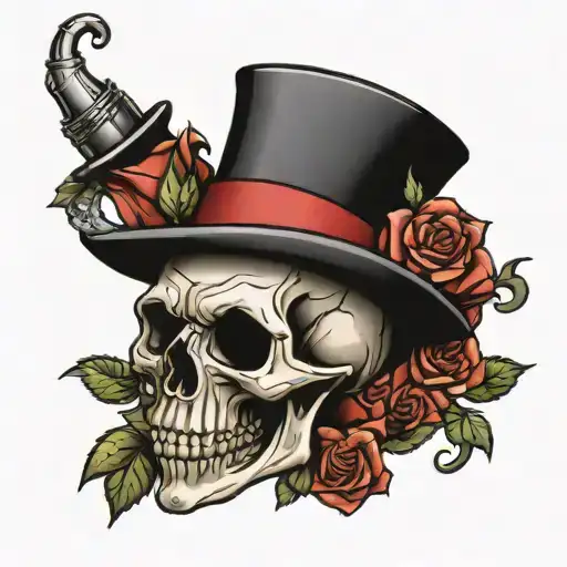 A Skull Wearing A Top Hat While Biting A Rose