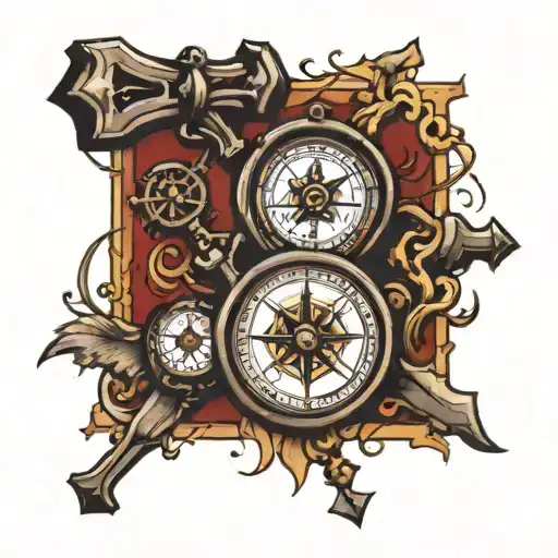 Christian Cross With Clock And Compass