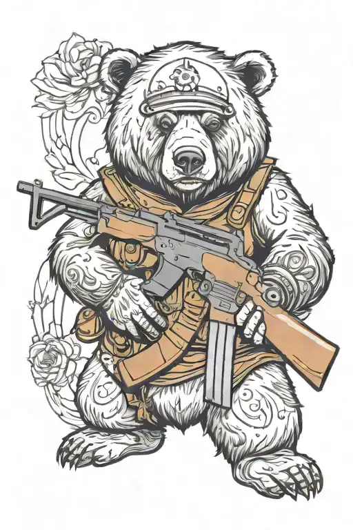 A Bear With A War Helmet And Standing With A Ak 47