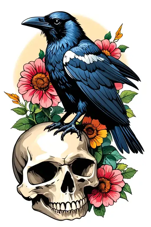 Raven Sitting On Skull With Some Flowers In The Background At The Bottom By The Skull