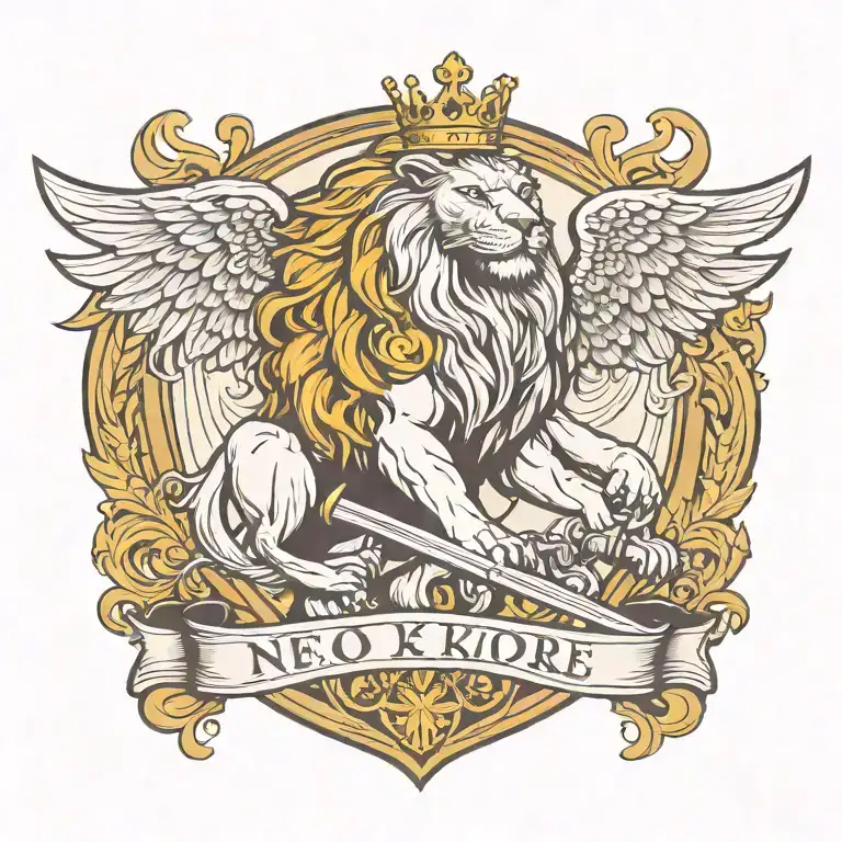 Crowned And Winged Lion Holding Sword With Crossed Keys Forming A Blank Name Banner