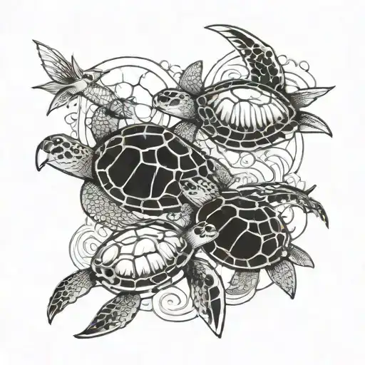 Two Sea Turtles And Three Dragon Flys Black And White