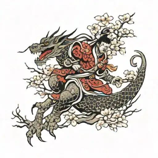 Chinese Warrior With Dragon And Blossom Tree
