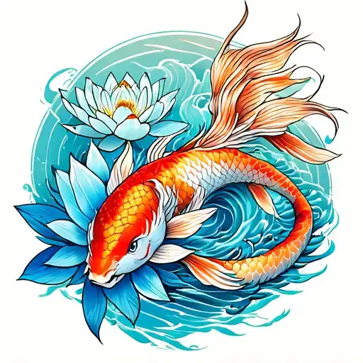 Lotuses And Koi Fish As Dragons One Blue