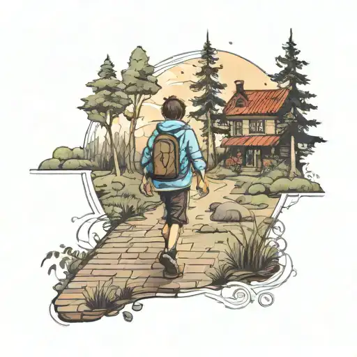 Kid Walking In Forest On A Brick Road In The Background Of Compass