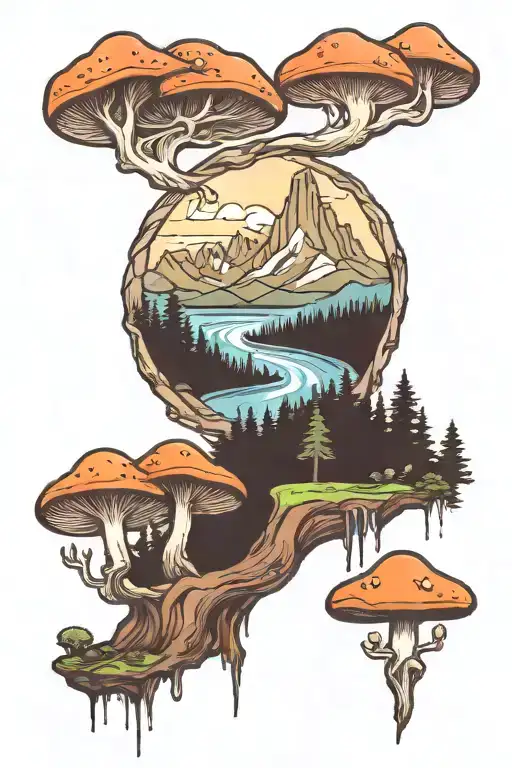 Mountain Range With A River Flowing Through The Forest And Mushrooms Below