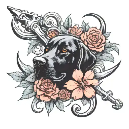 Black Lab Dog Playing In Carnation Flower Bush Navy Anchor In The Back Tattoo Design