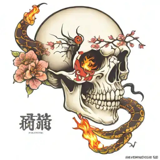 Skull With Fire And Snake And Cherry Blossoms