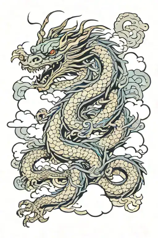 Japanese Dragon Surrounded By Clouds Floating