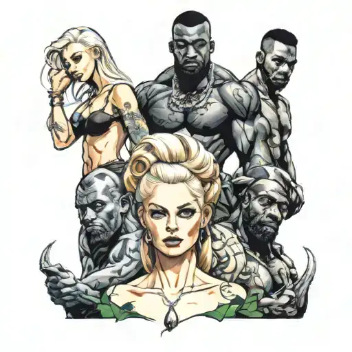 One Very Slim White Blonde Female Surrounded By Two Muscular Big African Males