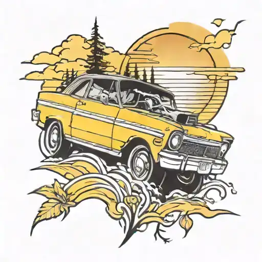Yellow Chevy Nova Driving Into The Sunset