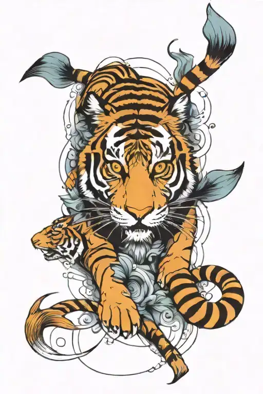Tiger With 2 Fishes Below And Middle Of Them A Target