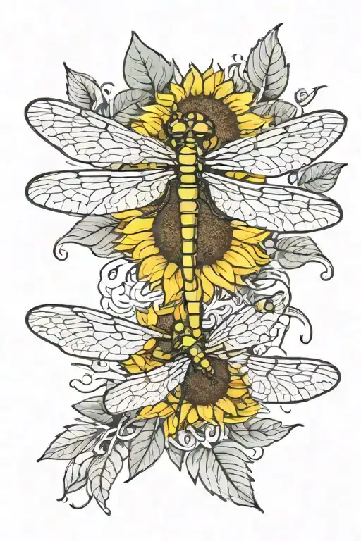 Dragonfly And Sunflower Intertwined Within Its Petals