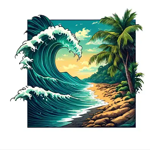 Beach Wave In The Under Two People On A Trail Winding