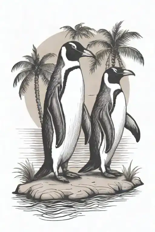 2 Penguins On A Beach Holding Hands Under A Palm Tree