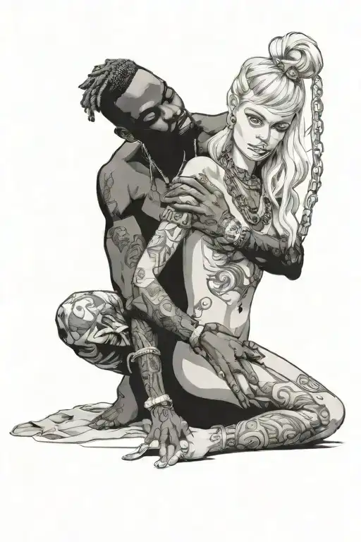 Nude Slim Young Blonde European Girl Wearing Chains Snuggles African Man