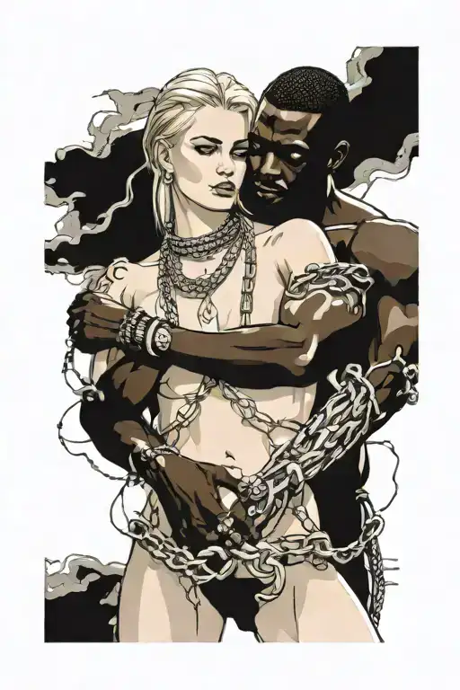 Nude Slim Young Blonde European Girl Wearing Chains Snuggles Muscular African Man