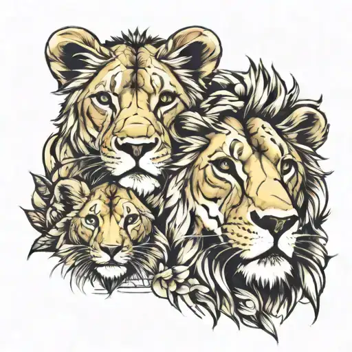 A Lioness And Two Lion Cubs