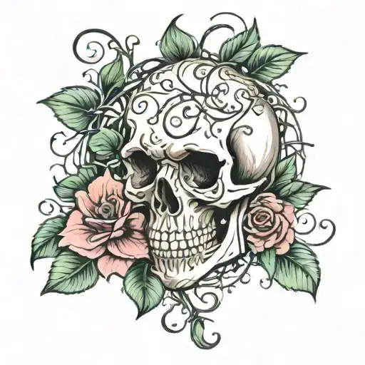 A Skull With Vines Coming Out Of It And Blooming Into Flowers