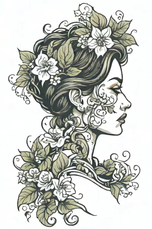 Female Head With Flowers And Vines And Leaves