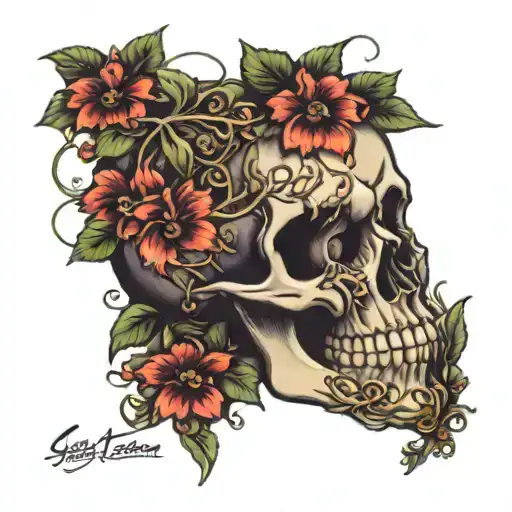 Skull With Grape Vines And Flowers Coming Out Of It Blooming