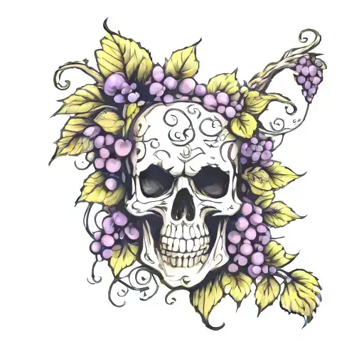 Skull Grape Vines And Flowers Growing Out Of It