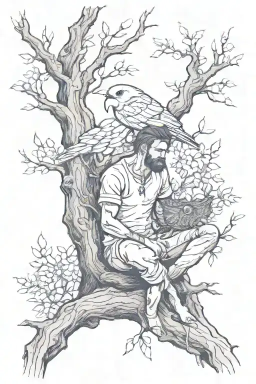 A Man Sitting Without A Heart With A Nest In Place Next To A Tree