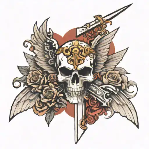 Sword With Skull Head And Wings Spread Wings Made Entirely