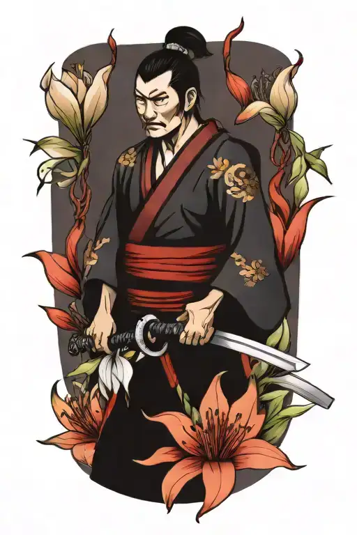 Samurai Surrounded By Lily Flowers