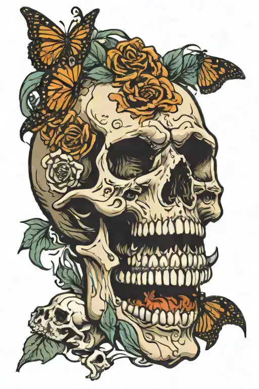 Skull With Monarchs Coming Out Of Mouth Open