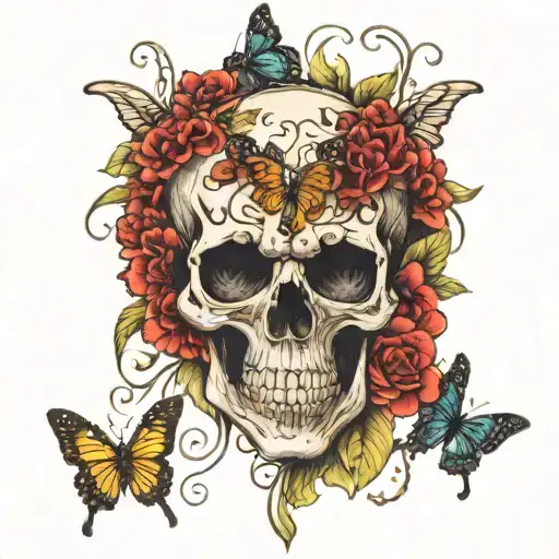 Skull Surrounded By Carnations And Butterflies Intertwined