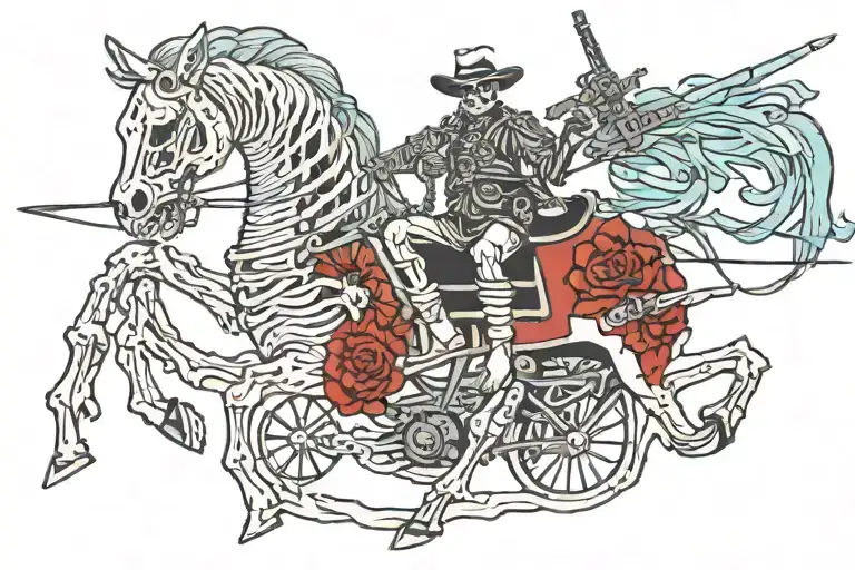 Skeleton On Skeleton Horse With Two Guns