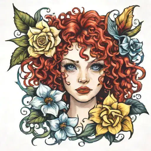 Red Curly Hair Blue Eyes Rose And Daffodil Flowers