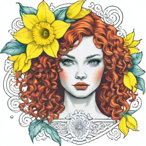 Red Curly Hair Blue Eyes Freckles 1 Yellow Daffodil Bud Nestled Green Background