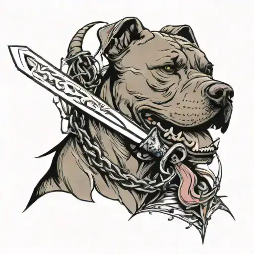 Pit Bull Against The Background Katana Knife Sword Wrapped In Barbed Wire