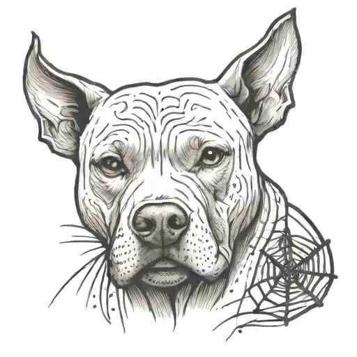 Pit Bull With A Spider's Web On His Chest Holding A Twig Of Weavers In His Hand