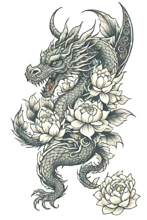 Dragon With Peonies And Lotus Flowers Intertwined